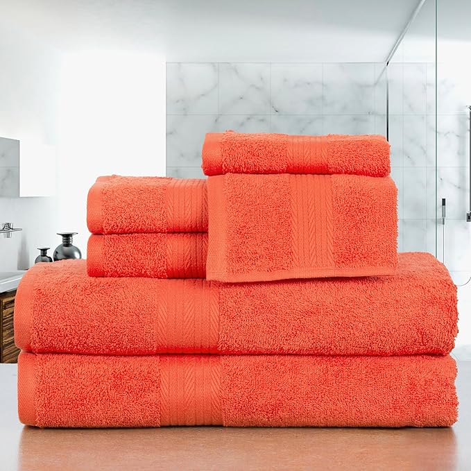 Ample Decor 100% Cotton Luxury 6 Piece Towels Set, 2 Bath Towels, 2 Hand Towels, 2 Wash Cloths for Bathroom - Orange Towel Sets