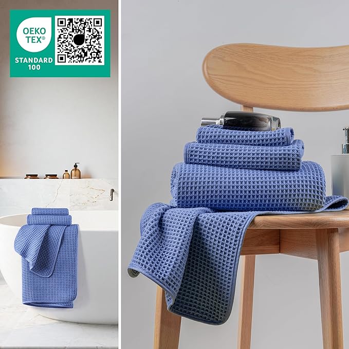 New Microfiber Waffle Bath Towels, 3 Pieces, Oversized, Soft, Absorbent, Fast Drying, Lint Free, Includes Bath, Face and Hand Towels (Dark Blue)