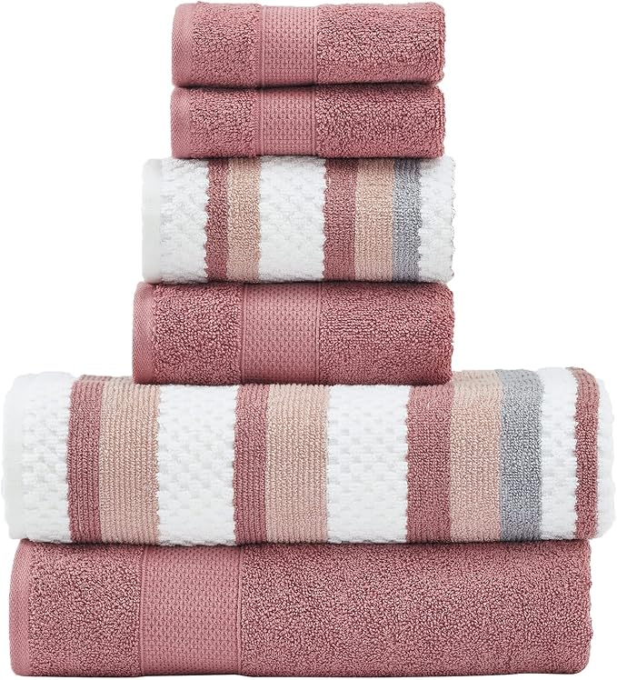 Modern Threads Pax 6-Piece Reversible Yarn Dyed Jacquard Towel Set - Bath Towels, Hand Towels, & Washcloths - Super Absorbent & Quick Dry - 100% Combed Cotton, Rosewood (Pack of 8)