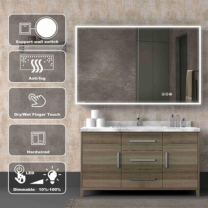 Medicine Cabinets for Bathroom with Mirror, 48”W x 30”H Wall Mounted LED Medicine Cabinet Mirror with Defogger, Dimmer, Outlets & USB, Double Doors