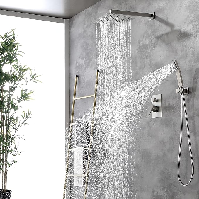 SHAMANDA Bathroom Rain Shower System, 12 Inch Luxuly Shower Head and Handheld Shower Faucet Combo Set Brushed Nickel(Including Rough-In Valve Body and Trim), Wall Mount, L7001-2