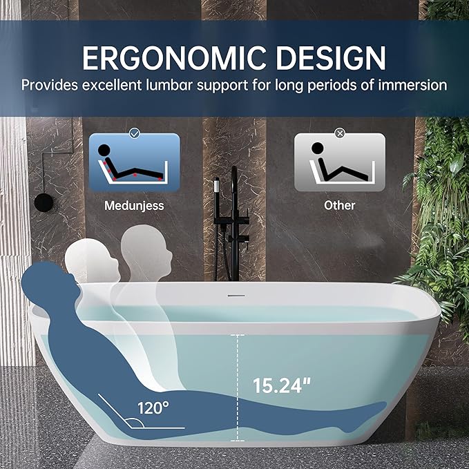 67'' Freestanding Bathtub Resin Stone Deep Soaking Tubs Solid Surface Matte Tub with Overflow and Pop-up Drain
