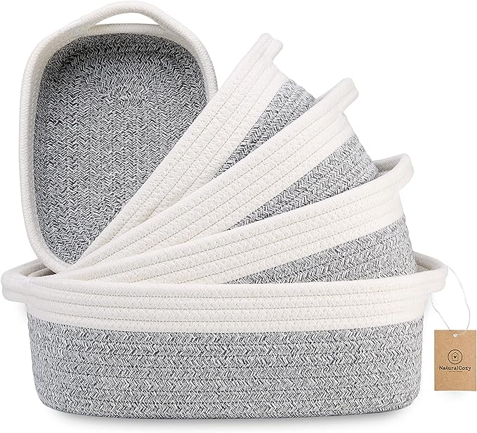 NaturalCozy 5-Piece Rectangle Storage Basket Set- Natural Cotton Rope Woven Baskets for Organizing! Small Basket for Montessori, Baby Nursery, Dog Toy Baskets, Cat Toy Box, Bathroom Organization Bin