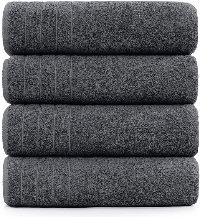 DAN River Extra Large Bath Towels Set of 4, 30 x 60 Inches - 100% Cotton Larger & Lighter Weight Towels for Bathroom - Quicker to Dry, Super Soft & Highly Absorbent Towels for Home, Charcoal