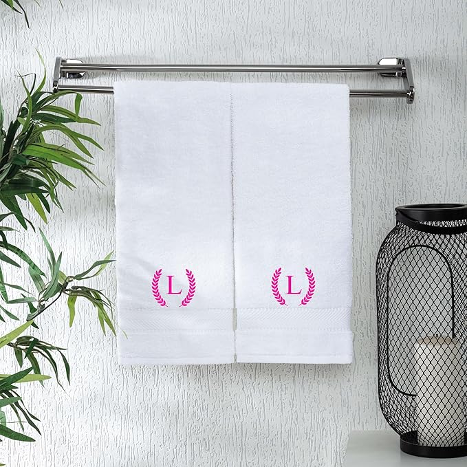 Monogrammed Hand Towels for Bathroom Makeup, Personalized Turkish Cotton Towel with Embroidery, Gift for Weddings, Housewarming, Anniversaries, and Bridal Showers, Set of 2 (Hot Pink, Initial L)