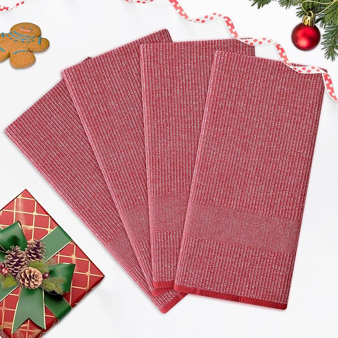 Homaxy Premium Kitchen Towels(18”x 28”, 12 Pack), Large Cotton Kitchen Hand Towels, Flat and Terry Dish Towels, 380 GSM Highly Absorbent Tea Towel Set with Hanging Loop, Red
