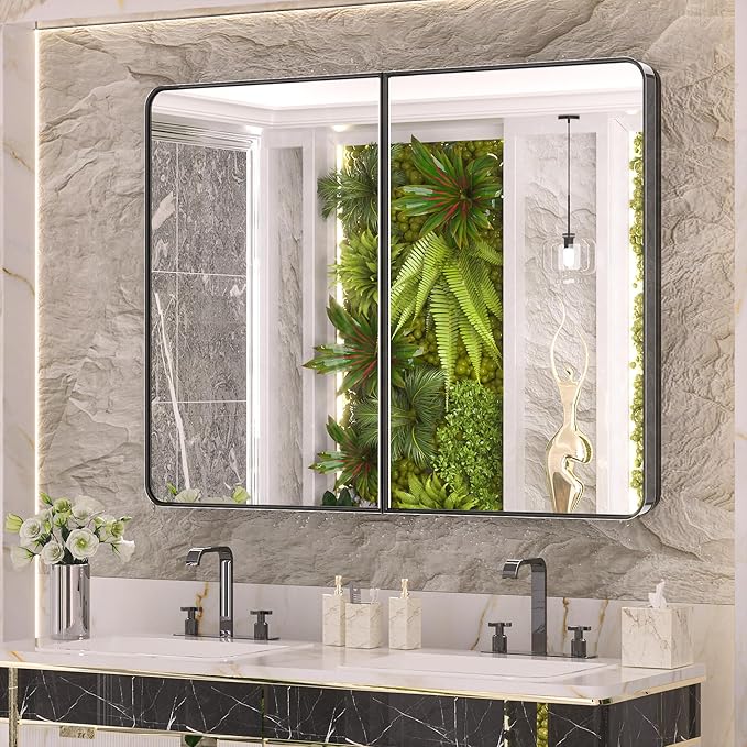 Keonjinn 40 x 32 Inch Large Black Medicine Cabinets, Recessed Bathroom Medicine Cabinet, Gloss Black Stainless Steel Framed, Sturdy & Heavy, Adjustable Shelves, Oversized Bathroom Mirror with Storage