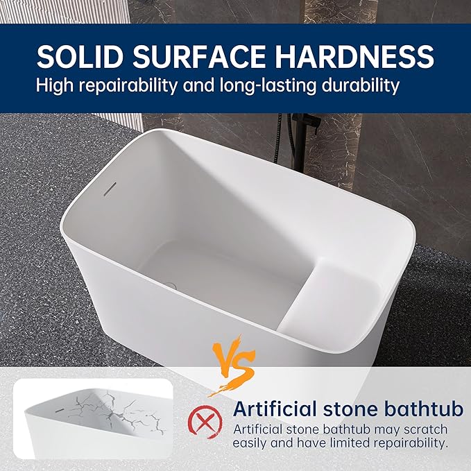 47" Stone Resin Freestanding Bathtub, Freestanding Bathtub with seat,Oval Solid Surface Japanese Soaking Bathtubs with Drain & Integrated Slotted Overflow Matte White MG003-1200