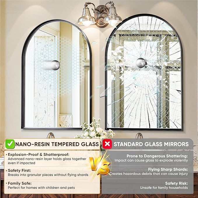 Arched Mirror 24"x36", Bathroom Mirror, Wall Mounted Vanity Mirror with Arch Metal Frame for Bathroom, Over Sink, Bedroom, Living Room, Deep Frame, Black