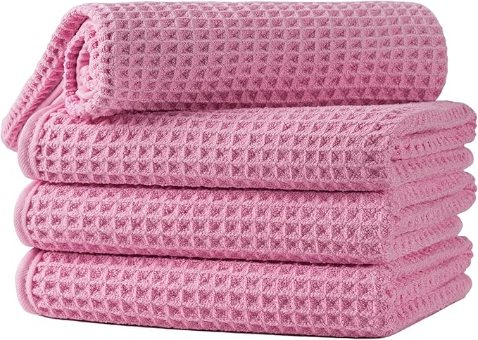 Microfiber Waffle Hand Towels, 4 Pieces, Soft, Absorbent, Fast Drying, Lint Free (Pink)