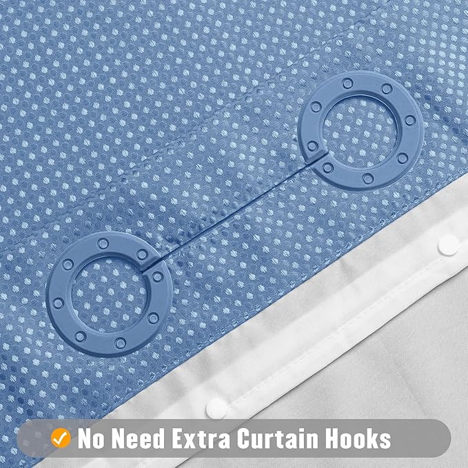 MitoVilla No Hooks Needed Extra Long Shower Curtain Liner Set, Blue 86 inch XL Heavyweight Waffle Fabric Cloth Shower Curtains Set with Snap-in Liner for Modern Luxury Hotel & Spa Bathroom Decor