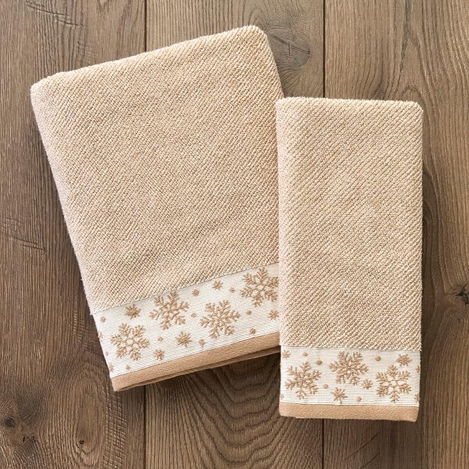 SKL Home Christmas/Winter Heather Snowflake 100% Cotton Premium 2-Piece Hand Towel Set, 500 GSM, Soft & Absorbent Jacquard, Decorative for Bath/Kitchen/Bar, Tan