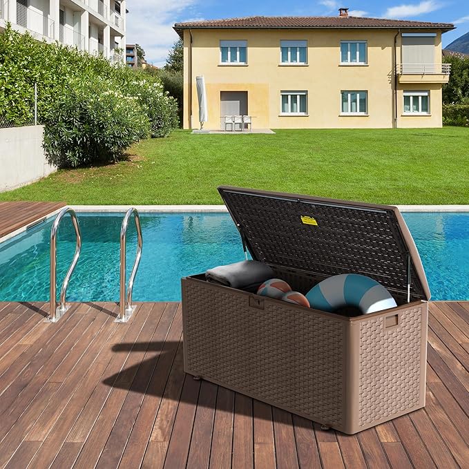 TARKARI Premium Pro Edition 180 Gallon Lockable Resin Deck Box, Waterproof & UV-Resistant Outdoor Storage Box for Outdoor Cushion Storage, Garden Tools & Pool Accessories Storage, Brown