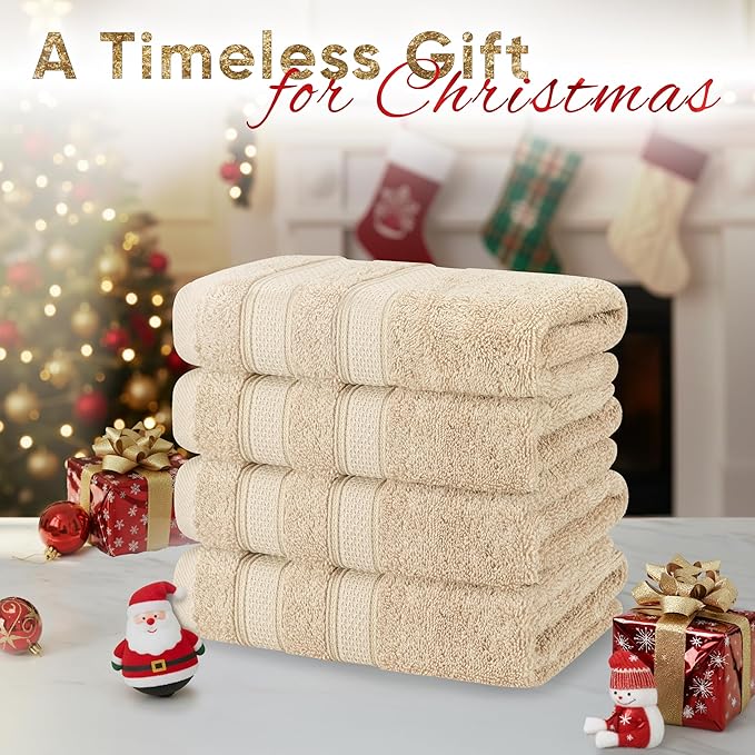American Soft Linen Salem 100% Cotton Turkish 4 Piece Hand Towels for Bathroom, 600 GSM Soft Absorbent Quickdry Hand Face Towel Set, Beige