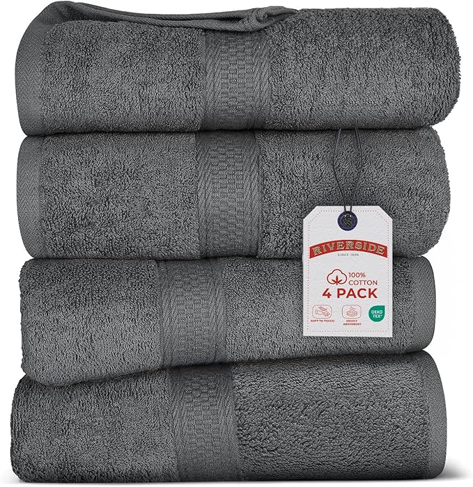 RIVERSIDE 100% Ring Spun Cotton Large Bath Towels Set of 4, 27 x 54 Inches – Quick Dry, Soft & Highly Absorbent Towels for Shower & Bathroom – Luxury 600 GSM Towels for Home, Spa, Gym, Hotel, Grey