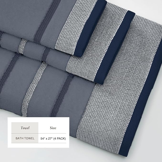 Great Bay Home Decorative Bath Towel Set - Luxury Cotton 4 Pack 54x27 Bath Towel Set - Luxurious, Ultra-Soft, Durable Towels for Bathroom Decor (Blue)