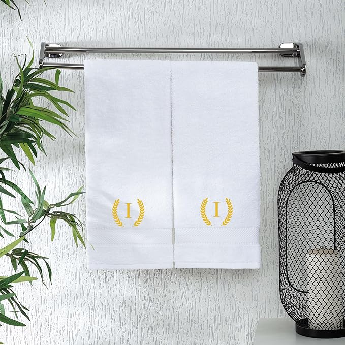 Monogrammed Hand Towels for Bathroom Makeup, Personalized Turkish Cotton Towel with Embroidery, Gift for Weddings, Housewarming, Anniversaries, and Bridal Showers, Set of 2 (Gold, Initial I)