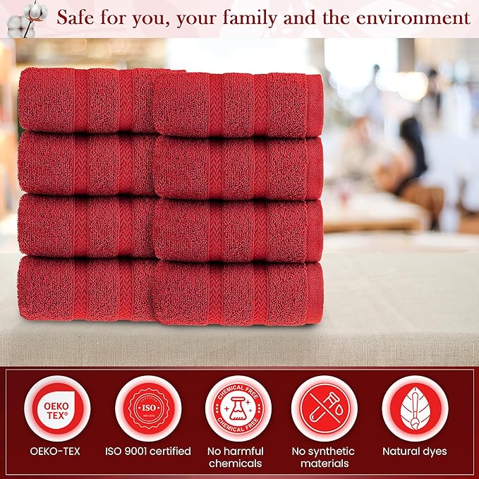 HALLEY Turkish 8 Pack Premium Washcloths (8 Pieces) 650 GSM Highly Absorbent Super Soft 100% Cotton - 8 Washcloths (Red)