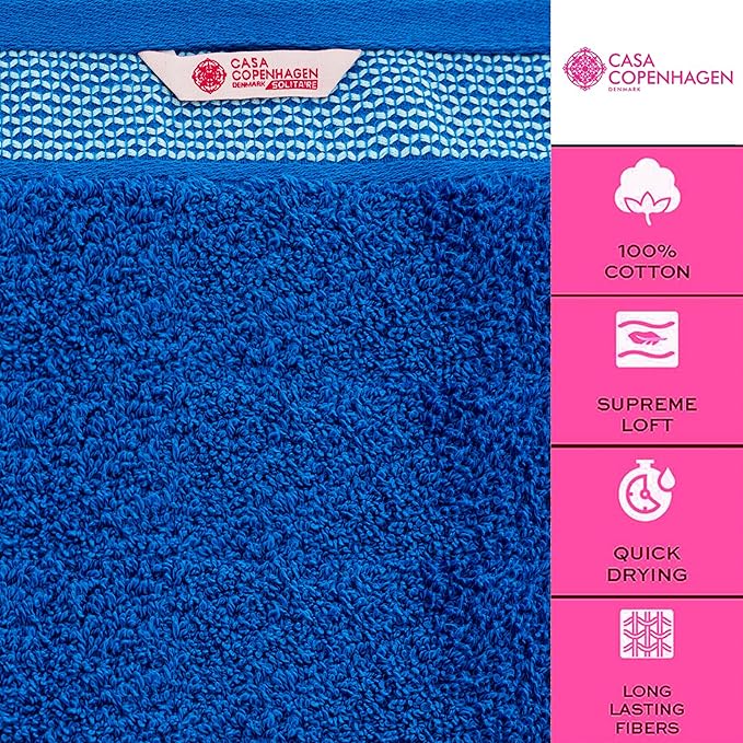 CASA COPENHAGEN Solitaire 6 Pieces Towel Set- Electric Blue, 600 GSM 2 Bath Towel 2 Hand Towel 2 Washcloth, Designed in Denmark Made of Soft Egyptian Cotton for Bathroom, Kitchen & Shower