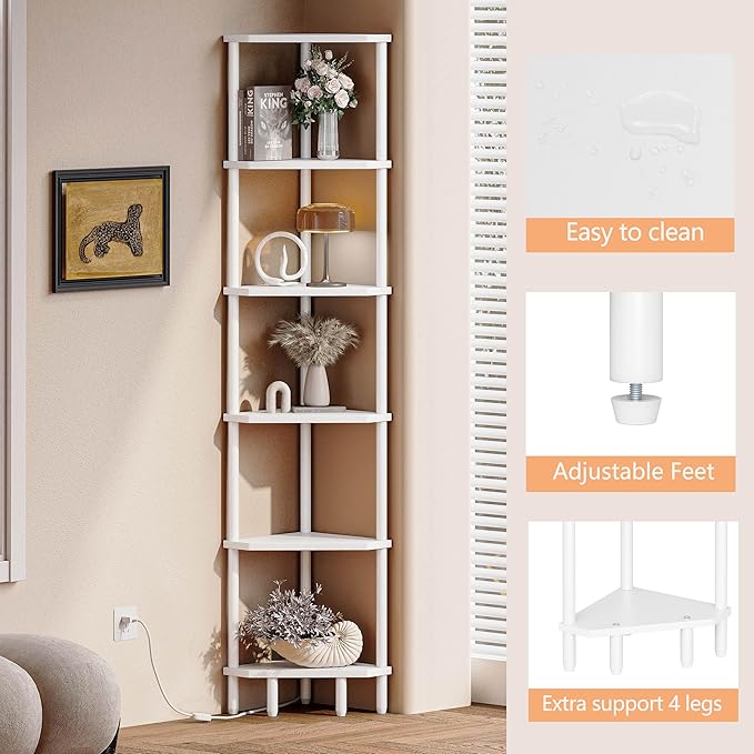 6 Tier Corner Shelf, 66.5'' Tall Standing Shelf, Narrow Display Shelf Stand, Modern Corner Bookshelf, Plant Stand, Corner Bookcase for Living Room, Bedroom, Bathroom, White LCS502W