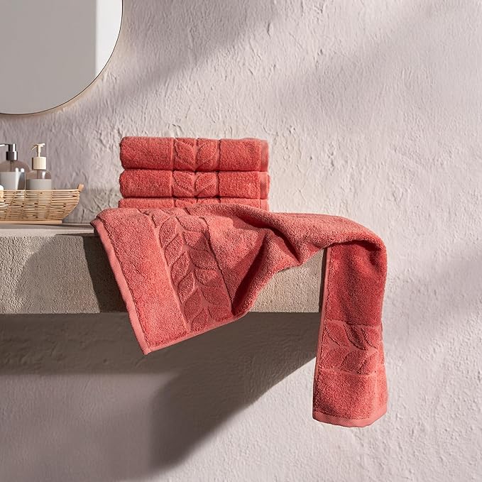 BAGNO MILANO Organic Turkish Cotton Bath Towels, Luxury Jacquard Collection, Certified Organic Highly Absorbent, Soft-Plush Towel Set (Coral Red, 6 Pcs Towel Set)