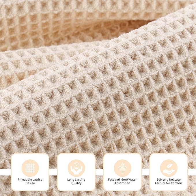New Microfiber Waffle Bath Towels, 3 Pieces, Oversized, Soft, Absorbent, Fast Drying, Lint Free, Includes Bath, Face and Hand Towels (Champagne)