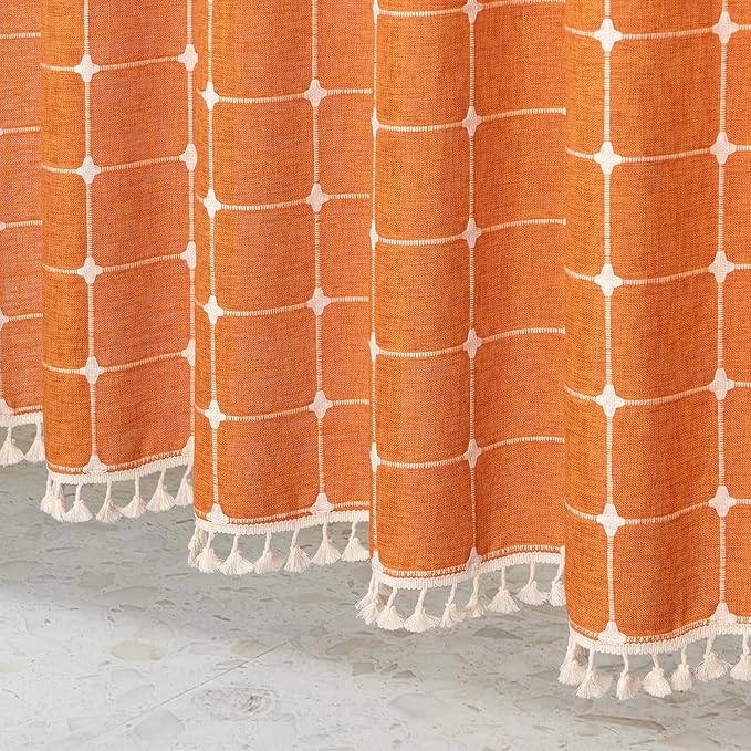 MitoVilla No Hooks Needed Orange Boho Shower Curtain with Snap-in Liner, Farmhouse Cotton Linen Fabric Shower Curtains with Tassels for Rustic Neutral Bathroom Decor, Burnt Orange, 72 x 74