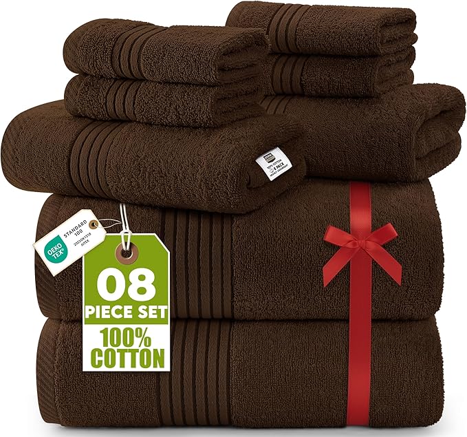 Utopia Towels 8 Piece Premium Towel Set, 2 Bath, 2 Hand, and 4 Washcloths, 100% Ring Spun Cotton, Highly Absorbent Towels for Bathroom, Sports, and Hotel, Dark Brown