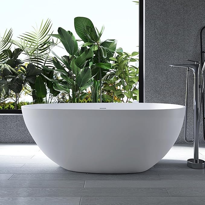 59" Stone Resin Freestanding Bathtub, Oval Solid Surface Bathroom Freestanding Tub, Thin Edge Stand Alone Tub with Integrated Slotted Overflow and Pop-up Drain, Matte White 302-150