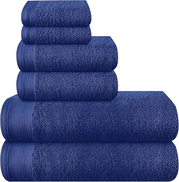 Ultra Soft 6 Pack Cotton Towel Set, Contains 2 Bath Towels 28x55 inch, 2 Hand Towels 16x24 inch & 2 Wash Coths 12x12 inch, Ideal Everyday use, Compact & Lightweight - Navy Blue