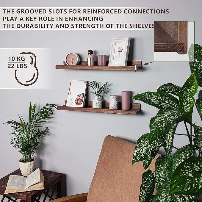 Floating Shelves for Wall 24 inch, Waterproof, Wall Storage Shelves with Lip, Display Picture Ledge Shelf for Photo Frame, Natural Wood Hanging Book Shelves (American Walnut, Set 2)
