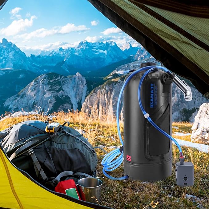 Teamaze Camping Shower,12L Portable Camp Shower Bag with Upgraded Screw Lid, Auto Pressure Pump, Solar Shower, Camping Shower Head for Beach Camping, Hiking, Traveling, Washing