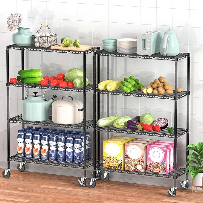 Storage Wire Shelving with Wheels 4-Tier Heavy Duty Garage Shelves Unit Metal Rolling Adjustable Organizer Rack Steel Wire Industrial Shelving for Kitchen Garage Pantry Office Bathroom