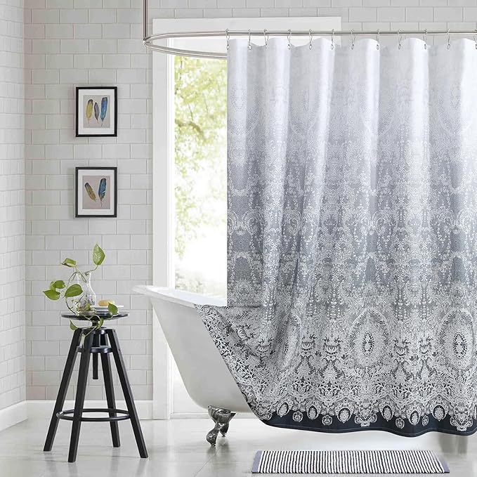 78 Inch Long Shower Curtain - Chantilly Lace Design, Heavyweight Polyester, Dark Gray to White Ombre, 72" W x 78" H