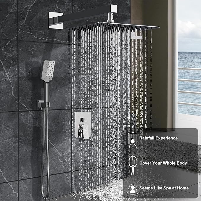 Rain Shower System 10IN Modern Brass Faucet Set With Valve and Diverter Shower Mixer With Handheld High Pressure Square Rainfall Shower Valve (10'' Wall Mount, Chrome Polished)
