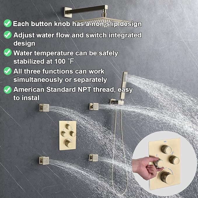 Modern Push Button 3 Way Thermostatic Shower Valve, Concealed 3 Outlet Multi Function Brass Mixer Shower Diverter Valve Kit Can Control Flow and On-Off Simultaneously, Brushed Gold