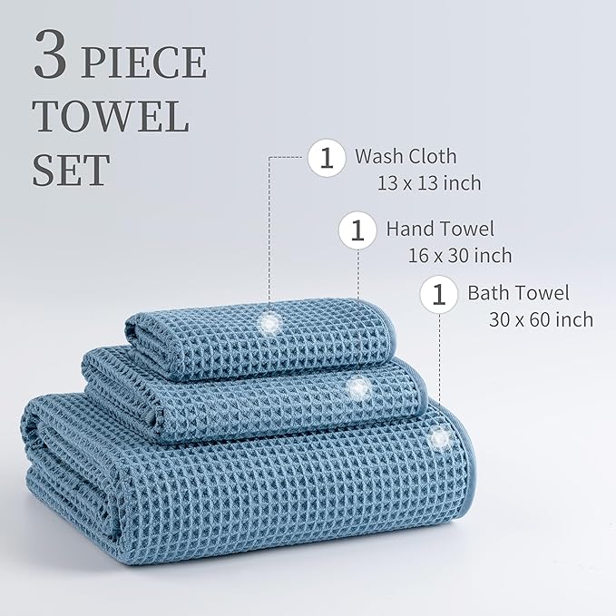 New Microfiber Waffle Bath Towels, 3 Pieces, Oversized, Soft, Absorbent, Fast Drying, Lint Free, Includes Bath, Face and Hand Towels