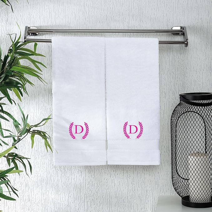 Monogrammed Hand Towels for Bathroom Makeup, Personalized Turkish Cotton Towel with Embroidery, Gift for Weddings, Housewarming, Anniversaries, and Bridal Showers, Set of 2 (Hot Pink, Initial D)