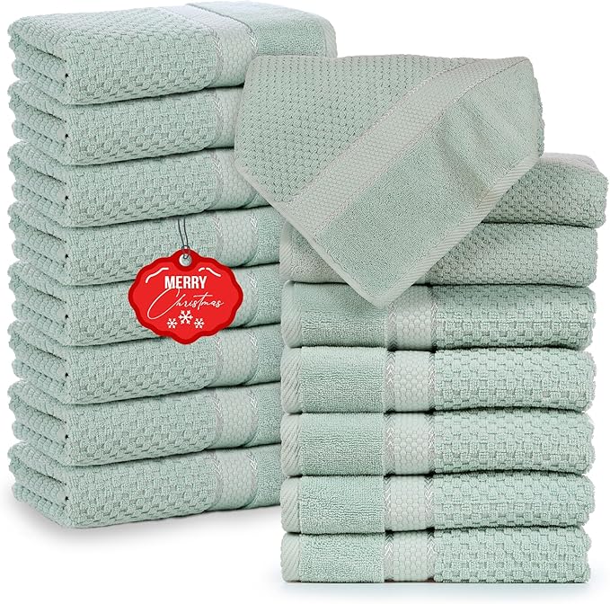 Ample Decor Bath Towels for Bathroom Set of 16 100% Cotton Popcorn Textured, Machine Washable - Mint Green - 30 X 54 Inch