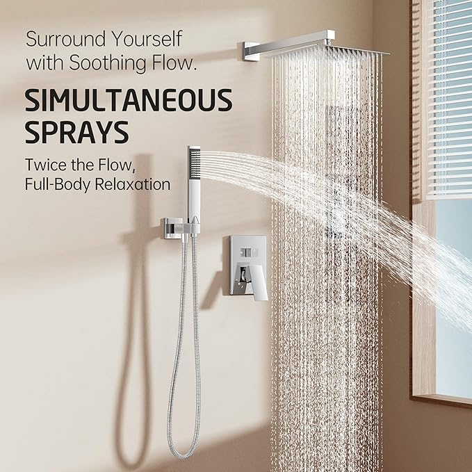 KES Chrome Shower Faucet Set, Shower System 12 Inch Rain Shower Head with Handheld Spray, cUPC Pressure Balance Valve and Trim Kit