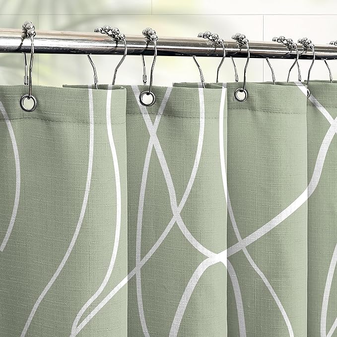 Tititex Morden 140gms Faux Linen Fabric Bath Shower Curtain Set Textured Fabric with Sage White Curve Pattern 72x72 Inch Water Resistant Bathroom Curtains, Weighted Hem & Hooks for Home/Hotel