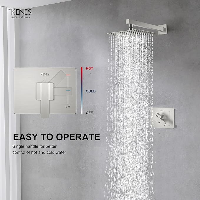 KENES Brushed Nickel 10-Inch Shower Head and Handle Set, Square Shower Faucet Set Bathroom Rainfall Shower System Wall Mount, KE-6024B (Shower Valve Included)