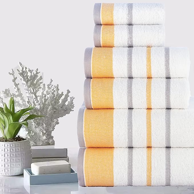 CASA COPENHAGEN White Bay, 6 Pieces Towel Set- White with Gold and Grey Violet Border, 600 GSM, 2Bath, 2Hand, 2Washcloths Egyptian Cotton Towel for Hotel Spa Kitchen Bathroom Kitchen & Shower