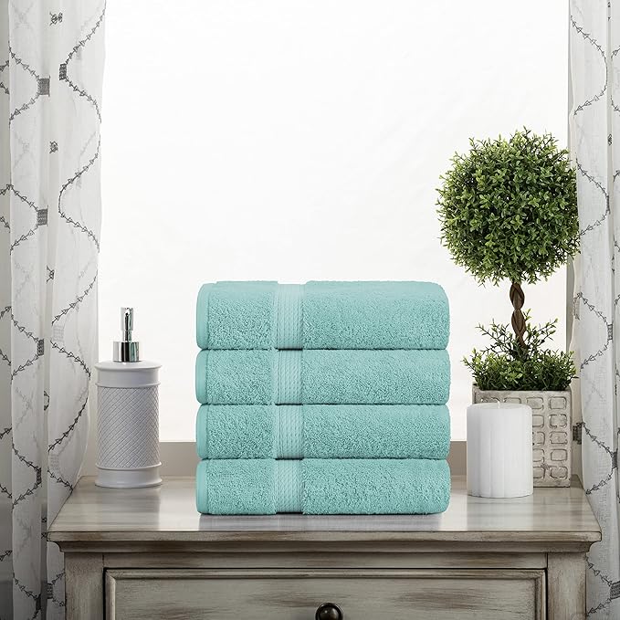 Superior Egyptian Cotton Pile Hand Towel Set of 4, Ultra Soft Luxury Towels, Thick Plush Essentials, Absorbent Heavyweight, Guest Bath, Hotel, Spa, Home Bathroom, Shower Basics, Turquoise