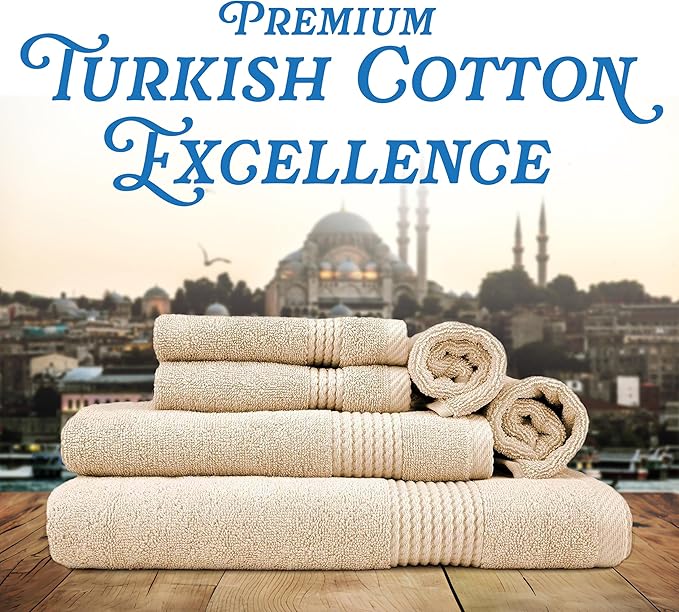 EastNBlue Lara Premium Bath Towel Set 6 Piece - Soft & Highly Absorbent Bathroom Towel Set, 100% Luxury Turkish Cotton, Flannel Bath Towels, 1 Bath Towel, 1 Hand Towel, 4 Washcloths - Beige