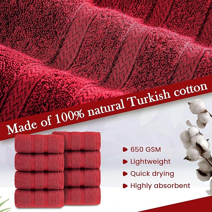 HALLEY Turkish 8 Pack Premium Washcloths (8 Pieces) 650 GSM Highly Absorbent Super Soft 100% Cotton - 8 Washcloths (Red)