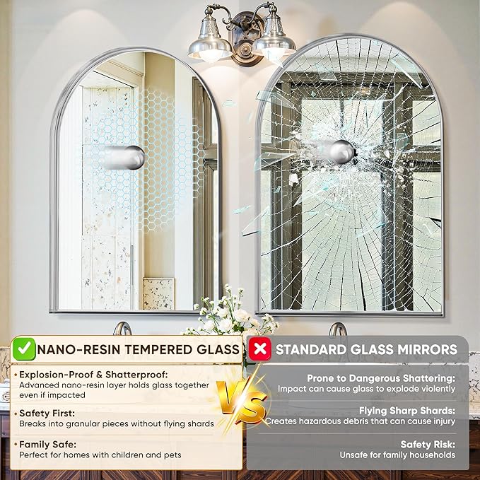 Arched Mirror 24"x36", Bathroom Mirror, Wall Mounted Vanity Mirror with Arch Metal Frame for Bathroom, Over Sink, Bedroom, Living Room, Deep Frame, Silver