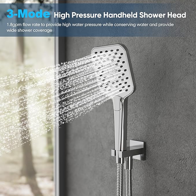 Gabrylly Shower System with Tub Spout, Wall Mounted Tub Shower Faucet Set for Bathroom with High Pressure 10" Rain Shower head and 3-Setting Handheld Shower Head Set, Chrome