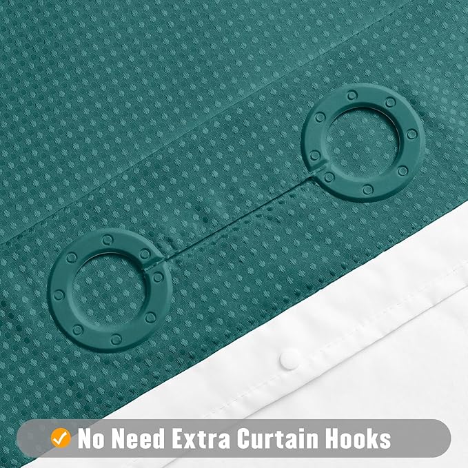 MitoVilla No Hooks Needed Extra Long Shower Curtain Liner Set, Green 86 inch XL Heavyweight Waffle Cloth Shower Curtains Set with Snap-in Liner for Modern Luxury Hotel & Spa Bathroom Decor