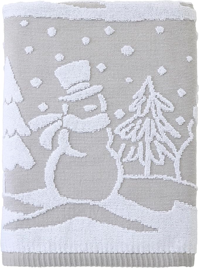 SKL Home Christmas/Winter Scenic Snowmen 100% Cotton Premium Bath Towel, 500 GSM, Soft & Absorbent, Reversible Jacquard, Decorative, Gray